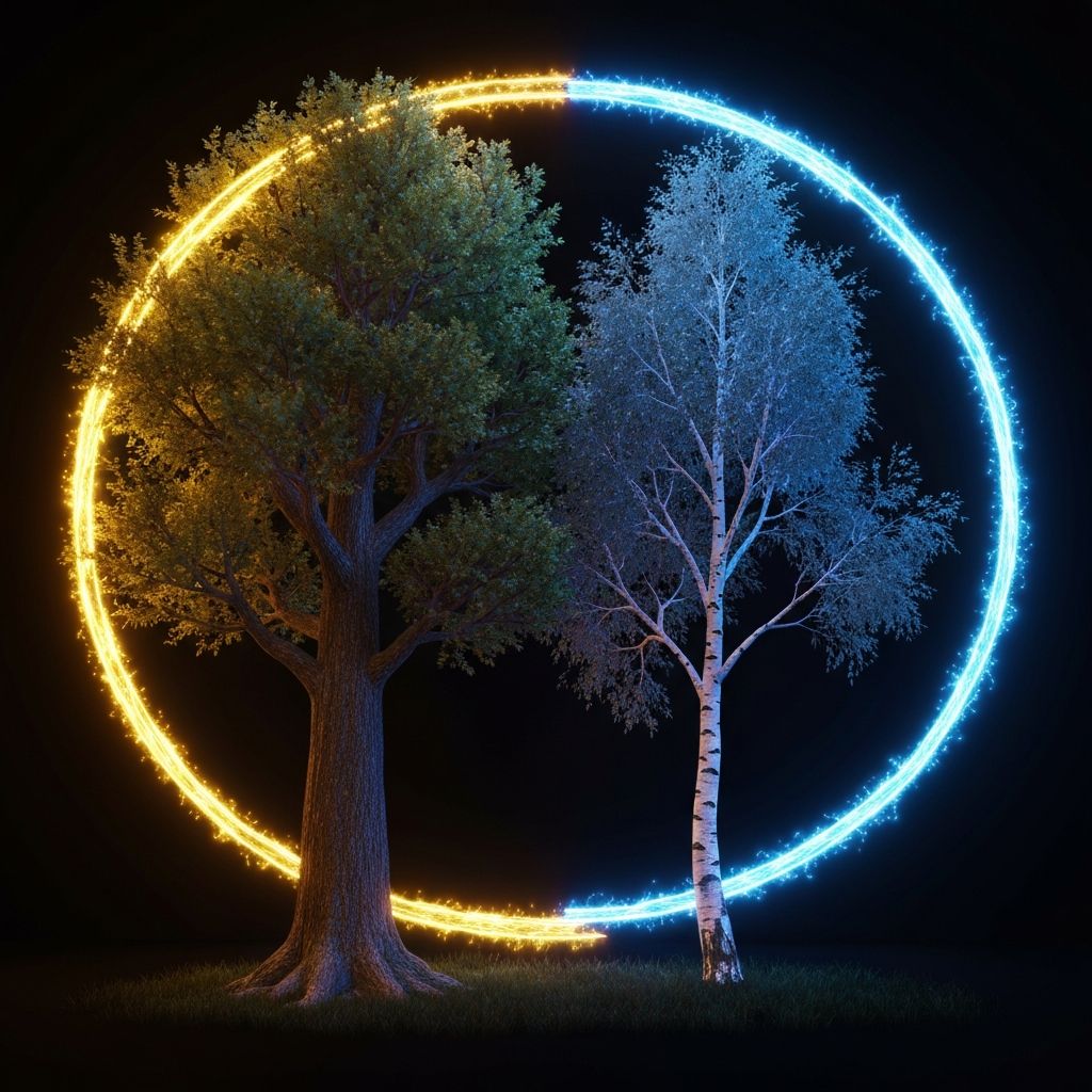 Two trees connected by glowing arcs